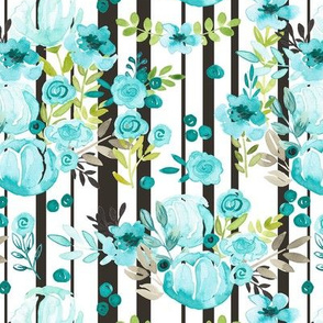 Bella Blue Floral Bunches on Black and White Stripes Midsize