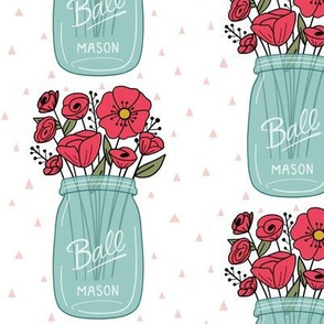 Mason Jar with Flowers - white with pink triangles
